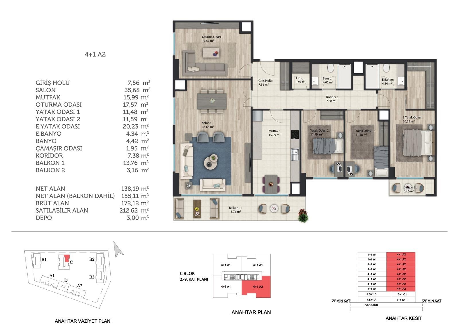مخطط الشقة 4+1 A2 في Başakşehir Avrasya